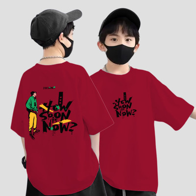 MYEONN Boys Printed Pure Cotton Oversized T Shirt(Maroon, Pack of 1)