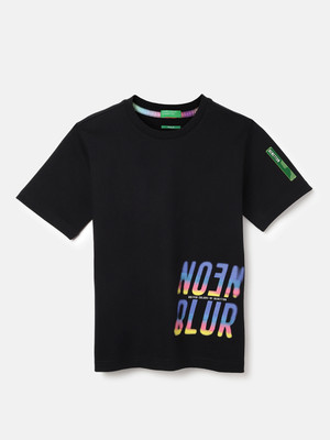 United Colors of Benetton Boys Printed Pure Cotton Regular T Shirt(Black, Pack of 1)