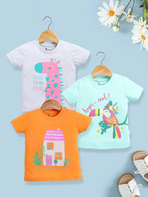 ELEMENOPEE Baby Girls Animal Print Pure Cotton Regular T Shirt(Multicolor, Pack of 3)