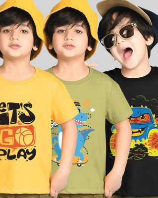 AOOSH Boys Printed Cotton Blend Regular T Shirt(Yellow, Green, Pack of 3)