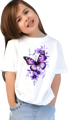 KNCH Girls Graphic Print Polycotton Regular T Shirt(White, Pack of 1)