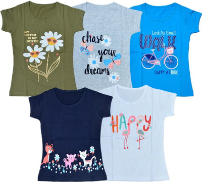 FAZZA Girls Graphic Print Pure Cotton Regular T Shirt(Multicolor, Pack of 5)