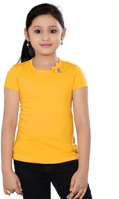 SINI MINI Girls Solid Cotton Blend Regular T Shirt(Yellow, Pack of 1)