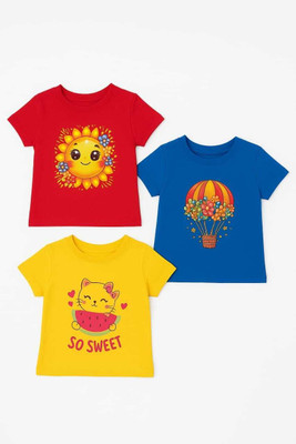 VVC TRENDS Baby Girls Printed Cotton Blend Regular T Shirt(Multicolor, Pack of 3)