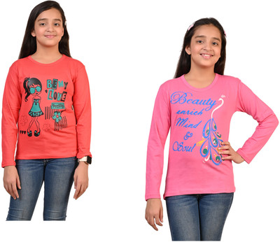 Indistar Girls Printed Pure Cotton Regular T Shirt(Multicolor, Pack of 2)