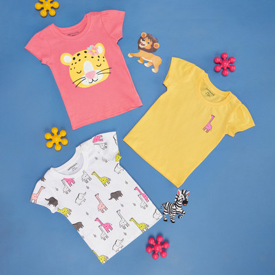 Pantaloons Baby Baby Girls Solid Pure Cotton Regular T Shirt(Multicolor, Pack of 3)