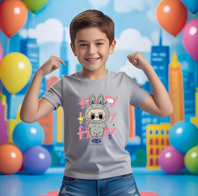 Kidloo Boys Labubu, Graphic Print Cotton Blend Regular T Shirt(Grey, Pack of 1)