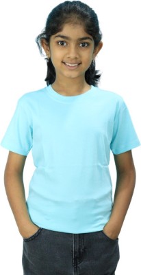 The TSHRT Girls Solid Pure Cotton Regular T Shirt(Light Blue, Pack of 1)