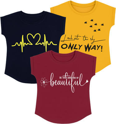Fasla Girls Self Design Cotton Blend Regular T Shirt(Maroon, Black, Pack of 3)