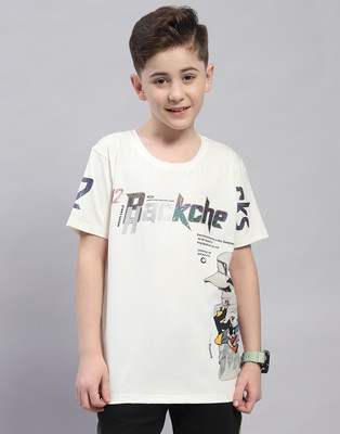 MONTE CARLO Boys Typography, Printed Cotton Blend Regular T Shirt(White, Pack of 1)