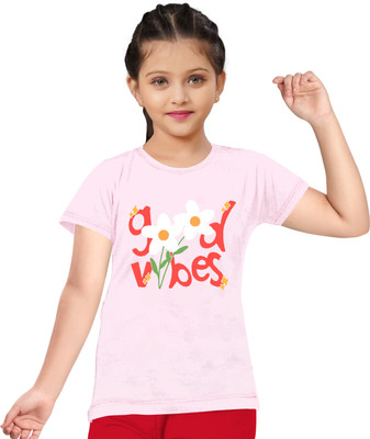 SHASTIGA Girls Printed Cotton Blend Regular T Shirt(Pink, Pack of 1)