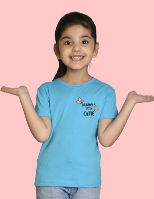 Nusyl Girls Printed Cotton Blend Regular T Shirt(Blue, Pack of 1)