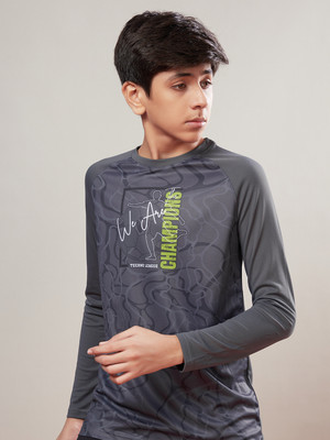 TECHNOSPORT Boys Printed Polyester Slim T Shirt(Grey, Pack of 1)