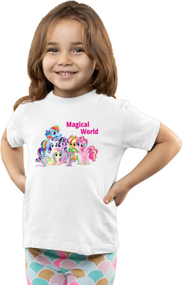 Printabulous Girls Printed Pure Cotton Regular T Shirt(White, Pack of 1)