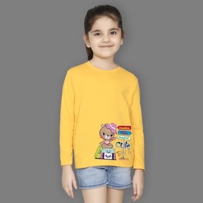 Nusyl Girls Graphic Print Cotton Blend T Shirt(Yellow, Pack of 1)