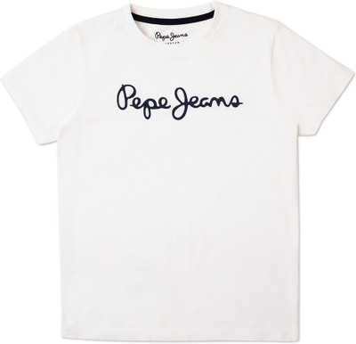 Pepe Jeans Boys Printed Cotton Blend Regular T Shirt(White, Pack of 1)