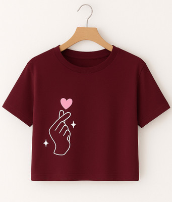 Mukoo Girls Self Design Cotton Blend Regular T Shirt(Maroon, Pack of 1)