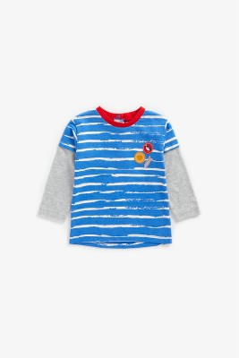 Mothercare Baby Boys Striped Cotton Blend T Shirt(Blue, Pack of 1)