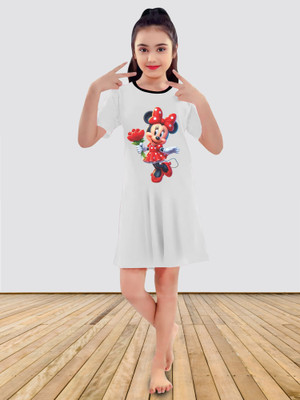 MGRS Girls Above Knee Casual Dress(White, Half Sleeve)