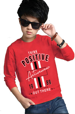 K M R Boys Typography, Printed Cotton Blend Regular T Shirt(Red, Pack of 1)