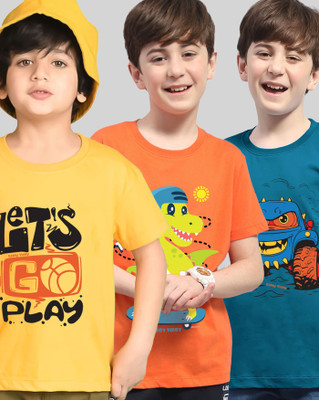 AUSK Boys Printed Cotton Blend Regular T Shirt(Yellow, Orange, Pack of 3)