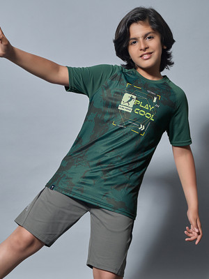 TECHNOSPORT Boys Graphic Print Polyester Slim T Shirt(Green, Pack of 1)