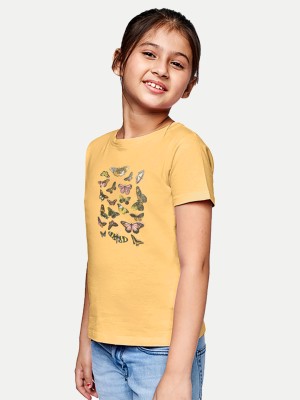radprix Girls Printed Pure Cotton T Shirt(Yellow, Pack of 1)