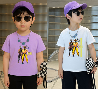 Lecowar Boys Graphic Print Polyester Regular T Shirt(Purple, White, Pack of 2)