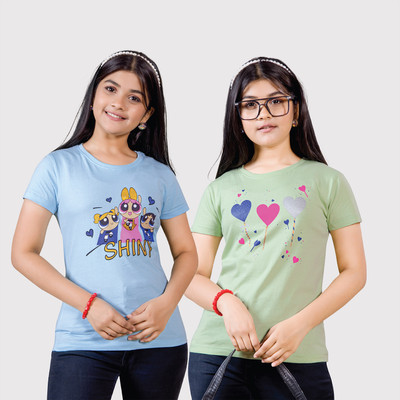 Zuniors-SSC Girls Printed Pure Cotton Regular T Shirt(Blue, Green, Pack of 2)