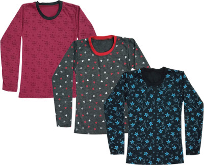 KAVYA Girls Printed Wool Blend Regular T Shirt(Multicolor, Pack of 3)