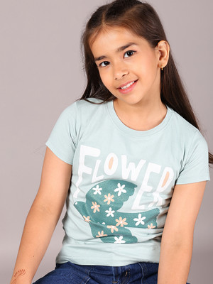 V-MART Girls Printed Cotton Blend Regular T Shirt(Light Green, Pack of 1)