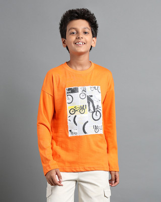 Under Fourteen Only Boys Graphic Print Pure Cotton Regular T Shirt(Orange, Pack of 1)