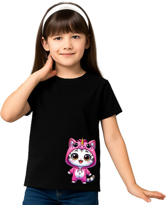 doodleberry Girls Graphic Print Cotton Blend Regular T Shirt(Black, Pack of 1)