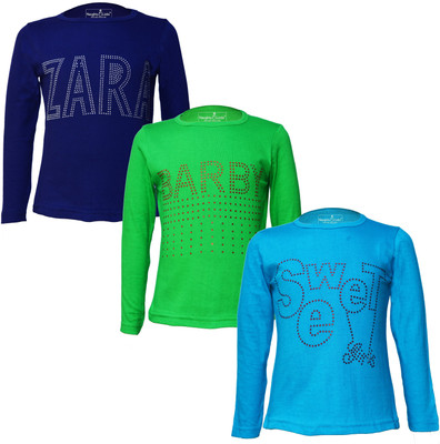 Just Live Fashionn Girls Printed Pure Cotton Regular T Shirt(Multicolor, Pack of 3)