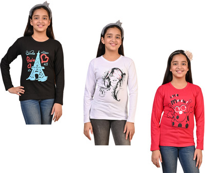 IndiWeaves Girls Printed Pure Cotton Regular T Shirt(Multicolor, Pack of 3)