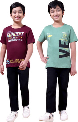 FREEZEANDFROST Boys Printed Cotton Blend Regular T Shirt(Maroon, Green, Pack of 2)
