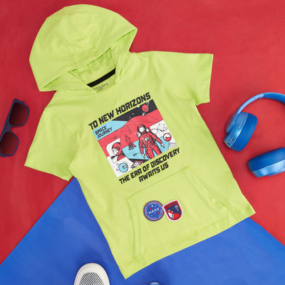 Pantaloons Junior Boys Typography, Printed Pure Cotton Regular T Shirt(Green, Pack of 1)