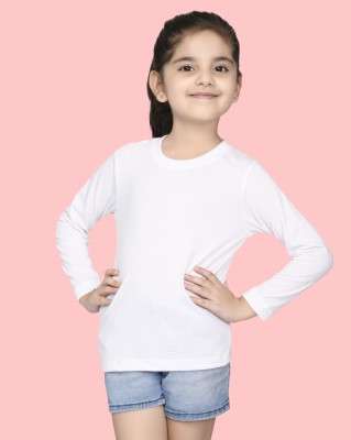 Nusyl Girls Solid Cotton Blend Regular T Shirt(White, Pack of 1)