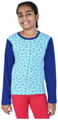 IndiWeaves Girls Floral Print Pure Cotton Regular T Shirt(Blue, Pack of 1)