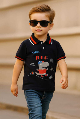 Jhymrod Boys Printed Pure Cotton Regular T Shirt(Dark Blue, Pack of 1)