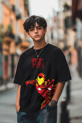 Veirdo Boys Printed Pure Cotton Oversized T Shirt(Black, Pack of 1)