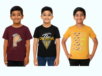 sahana Boys Printed Pure Cotton Regular T Shirt(Multicolor, Pack of 3)