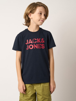 Jack & Jones Junior Boys Typography Viscose Rayon Slim T Shirt(Dark Blue, Pack of 1)