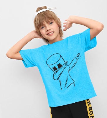Adiba Fashion Factory Boys Typography, Printed Cotton Blend T Shirt(Light Blue, Pack of 1)