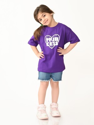 BONKIDS Girls Typography, Printed Pure Cotton Regular T Shirt(Purple, Pack of 1)