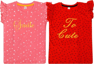 Fasla Girls Printed Cotton Blend T Shirt(Multicolor, Pack of 2)