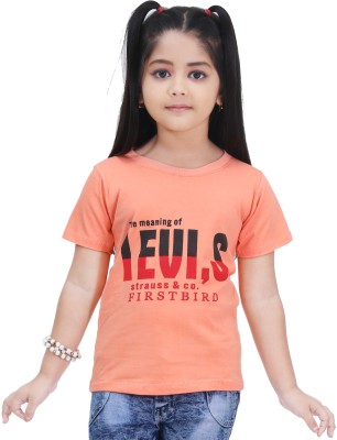 First Bird Girls Typography Cotton Blend T Shirt(Orange, Pack of 1)