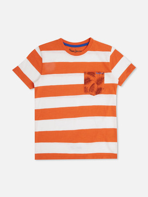 Pepe Jeans Boys Striped Pure Cotton Regular T Shirt(Multicolor, Pack of 1)