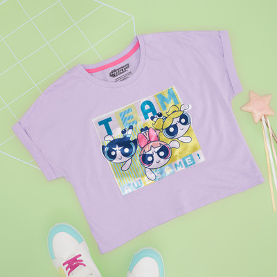 Pantaloons Junior Girls Graphic Print Cotton Blend Regular T Shirt(Purple, Pack of 1)