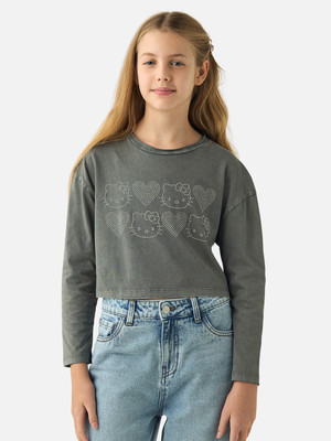 JUNIORS by Babyshop Girls Printed Pure Cotton Regular T Shirt(Grey, Pack of 1)